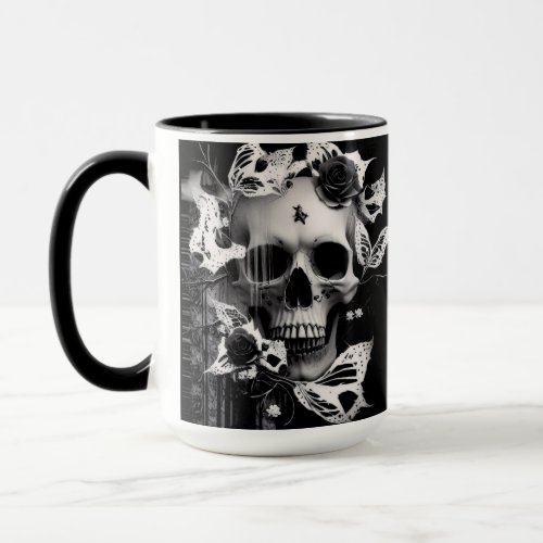 Revenants Embrace Black and White Graphic Skull  Mug