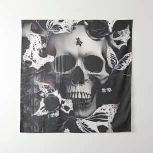 Revenant's Embrace: Black and White Graphic Skull  Tapestry