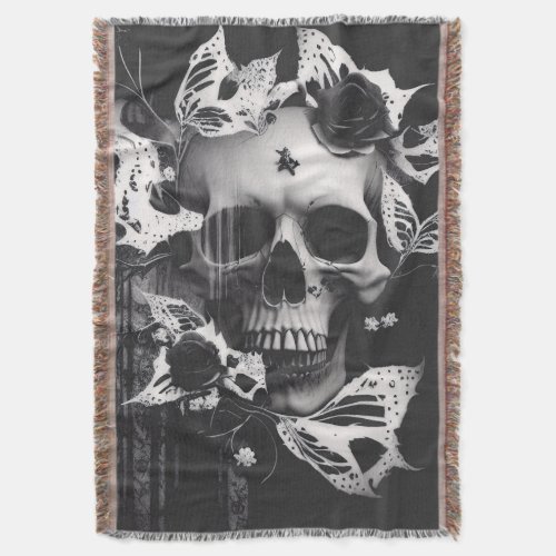 Revenants Embrace Black and White Graphic Skull  Throw Blanket