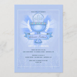 Revered Chalice First Holy Communion Blue Invitation