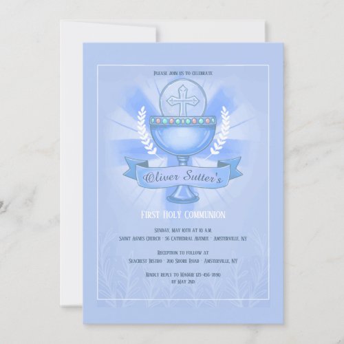 Revered Chalice First Holy Communion Blue Invitation