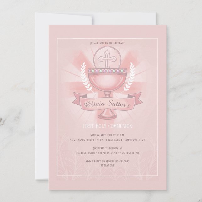 Revered Chalice First Holy Communion Pink Invitation (Front)