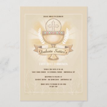 Revered Chalice First Holy Communion Pink Invitation by PixiePrints at Zazzle