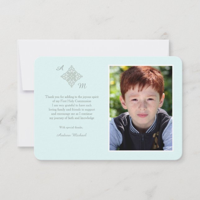 Reverent Cross Religious Photo Thank You Blue Card (Front)