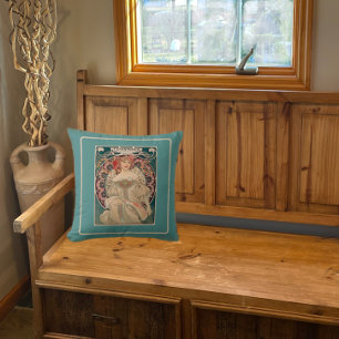 Reverie (Daydream) by Mucha, Green Throw Pillow