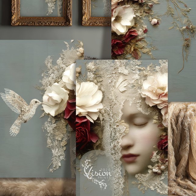 Reverie in Bloom Triptych Heavyweight Decoupage Wrapping Paper Sheets (Close up of a woman in flowers & lace, with burgundy, beige and sage green blue colours)