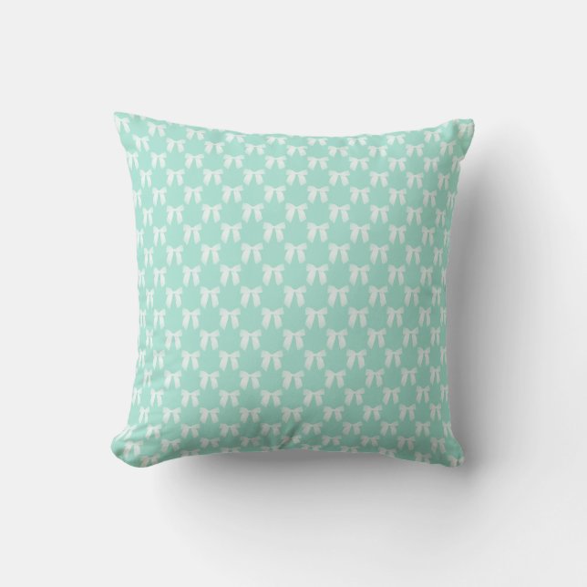 Reversable Cool Mint Pastel With White Bows Throw Pillow (Front)