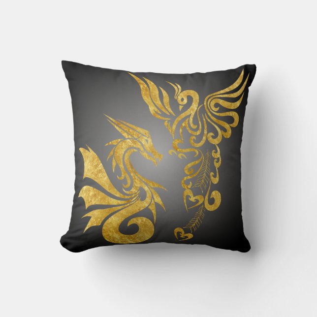 Reversable Feng Shui Phoenix & Dragon Pillow-black Throw Pillow (Front)