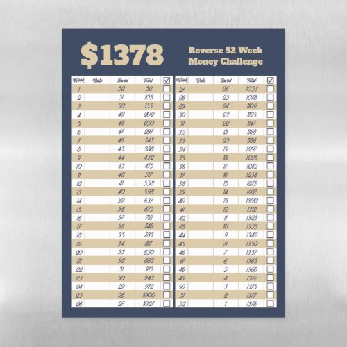 Reverse 52 Week Money Challenge _ Blue Beige Magnetic Dry Erase Sheet