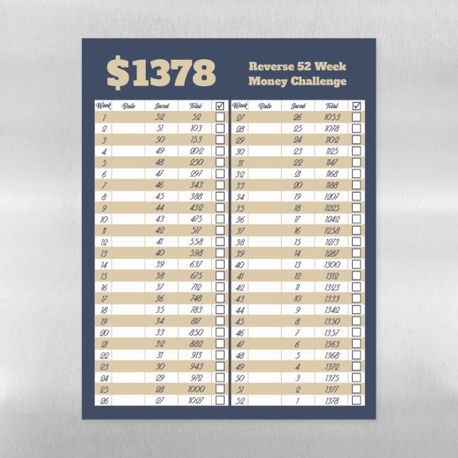 Reverse 52 Week Money Challenge - Blue Beige Magnetic Dry Erase Sheet (Vertical)