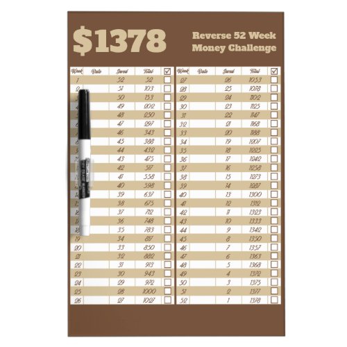 Reverse 52 Week Money Challenge _ Brown and Beige Dry Erase Board