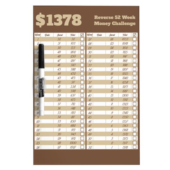Reverse 52 Week Money Challenge - Brown and Beige Dry Erase Board (Front)