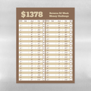 Reverse 52 Week Money Challenge - Brown Beige Magnetic Dry Erase Sheet