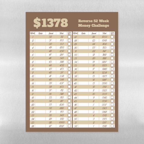 Reverse 52 Week Money Challenge _ Brown Beige Magnetic Dry Erase Sheet