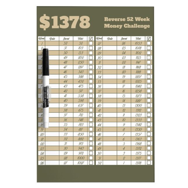 Reverse 52 Week Money Challenge - Green and Beige Dry Erase Board (Front)
