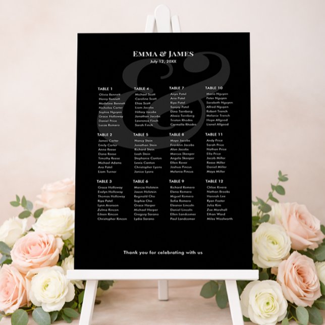 REVERSE Black Ampersand Wedding | 12 Seating Chart (Minimalist black wedding seating chart for 12 with white text and modern ampersand layout.)