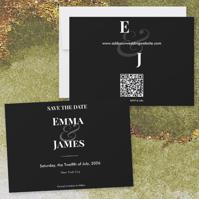Reverse Black Ampersand Wedding | Save the Date (A bold reverse black horizontal Save the Date featuring crisp white typography with an ampersand.)