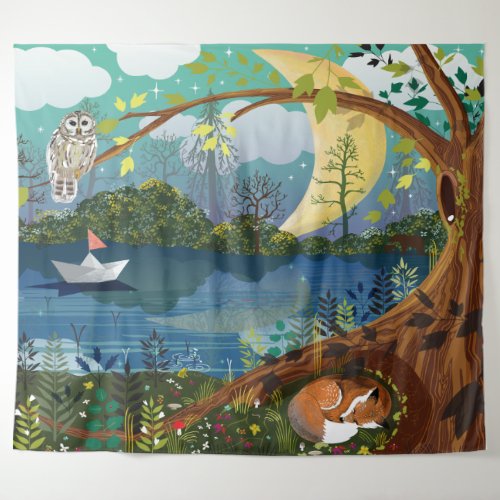 Reverse Idyllic Riverside Wildlife Illustration Tapestry