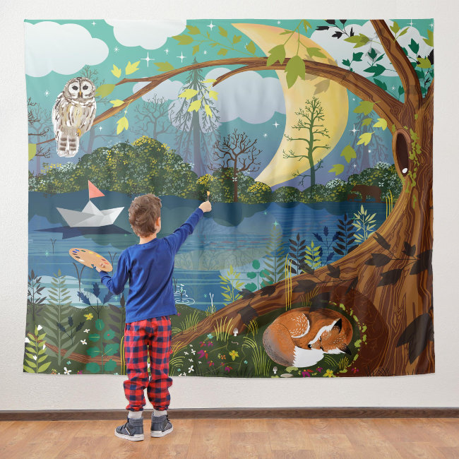 Reverse Idyllic Riverside Wildlife Illustration Tapestry