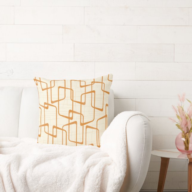 Reverse Orange Retro Lino Print Geometric Pattern Throw Pillow (Couch)