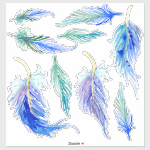 Reverse Watercolor Feathers Aqua Blue Purple Green Sticker