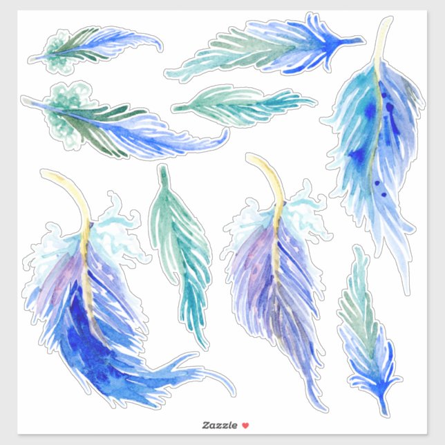Reverse Watercolor Feathers Aqua Blue Purple Green Sticker (Sheet)