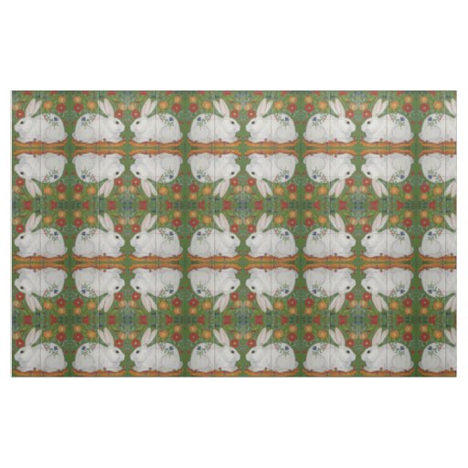 Reverse White Rabbit Green Floral Folk Art Fabric
