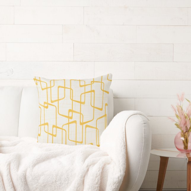 Reverse Yellow Retro Lino Print Geometric Pattern Throw Pillow (Couch)