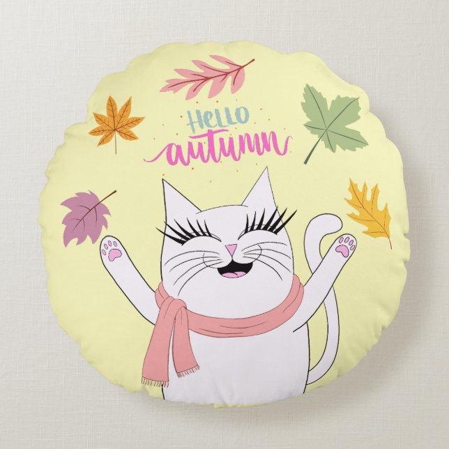 Reversible Autumn Cat Round Pillow (Front)