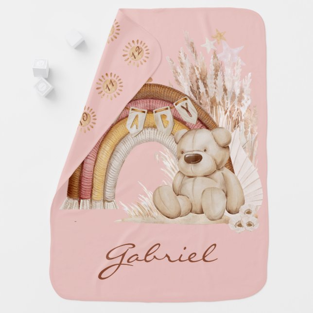 Reversible Baby Name Boho Teddy Bear Milestone Baby Blanket (In Situ)