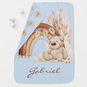 Reversible Baby Name Boho Teddy Bear Milestone Baby Blanket