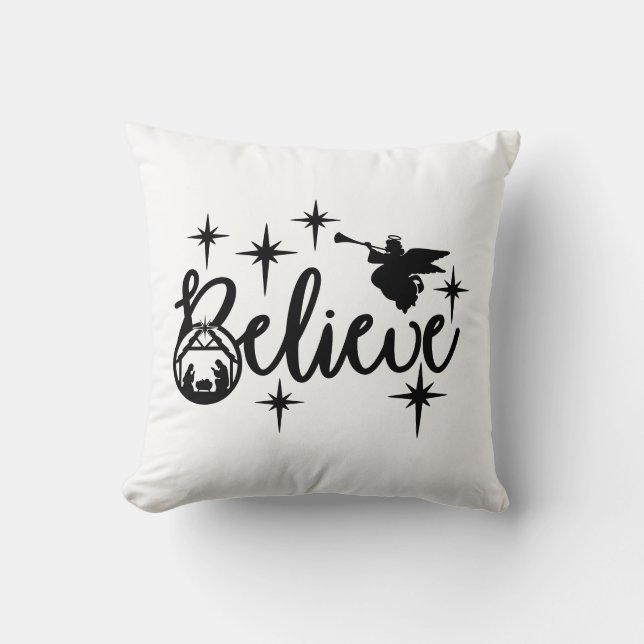 Reversible Believe Nativity Scene Throw Pillow (Front)