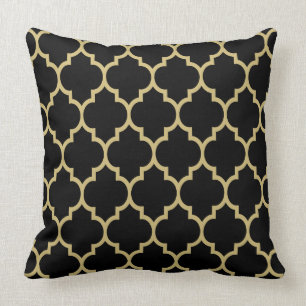 Reversible Black And Gold Tan Quatrefoil Pattern Throw Pillow