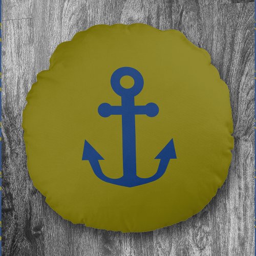 Reversible Blue  Gold Anchors Nautical  Pattern Round Pillow