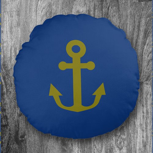 Reversible Blue  Gold Anchors Nautical  Pattern Round Pillow