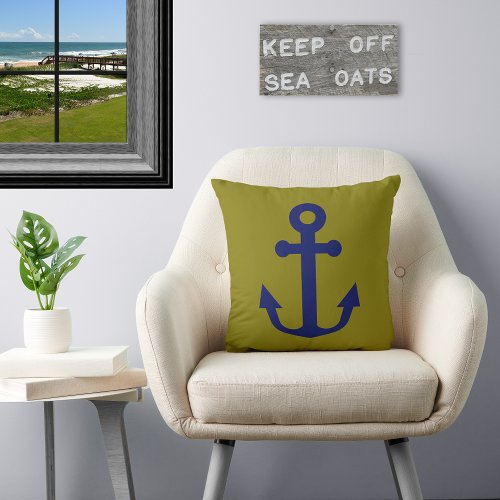 Reversible Blue  Gold Anchors Nautical  Pattern Throw Pillow