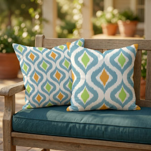 Reversible Bold Colorful Summery Ikat Pattern Outdoor Pillow