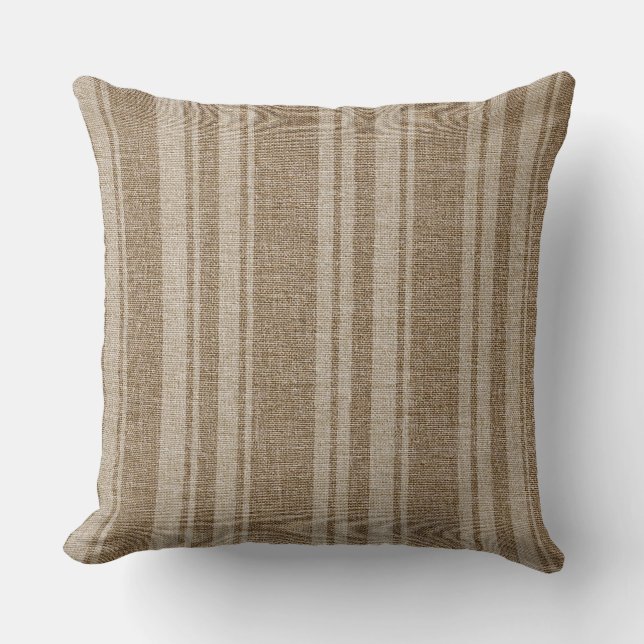 Reversible Brown And Beige Stripes Linen Texture Throw Pillow (Front)