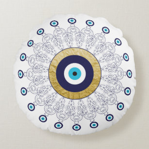 Reversible Evil Eye Mandala in Gold White and Blue Round Pillow
