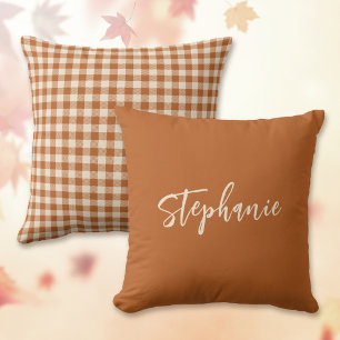 Reversible Fall Burnt Orange Gingham Plaid Name Throw Pillow