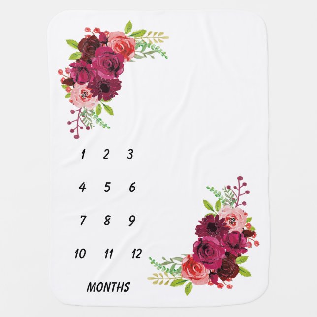 Reversible Floral Baby Milestones Weeks & Months Baby Blanket (Front)