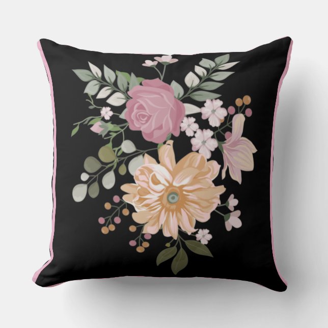 Reversible Flowers Foliage Black Green Background  Throw Pillow (Front)