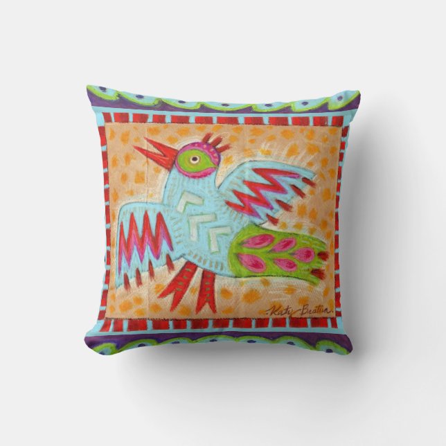 Reversible Folk Art Bird and Fish Design Throw Pillow (Front)