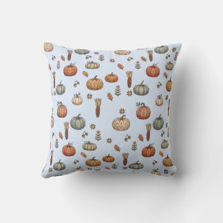 Reversible Folk Art Pumpkin Pillow: Beige & Blue Throw Pillow