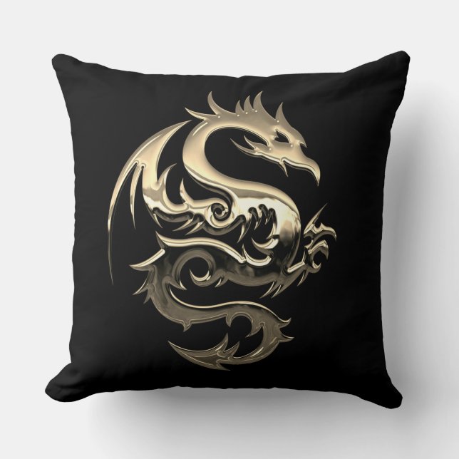 Reversible Gold Metallic Dragon Throw Pillow (Front)