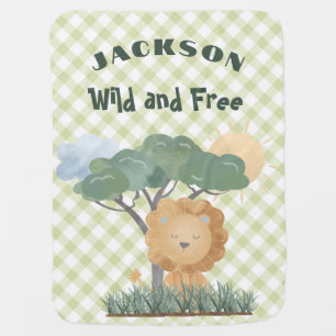 Reversible Green Gingham Name Boho Lion Milestone Baby Blanket