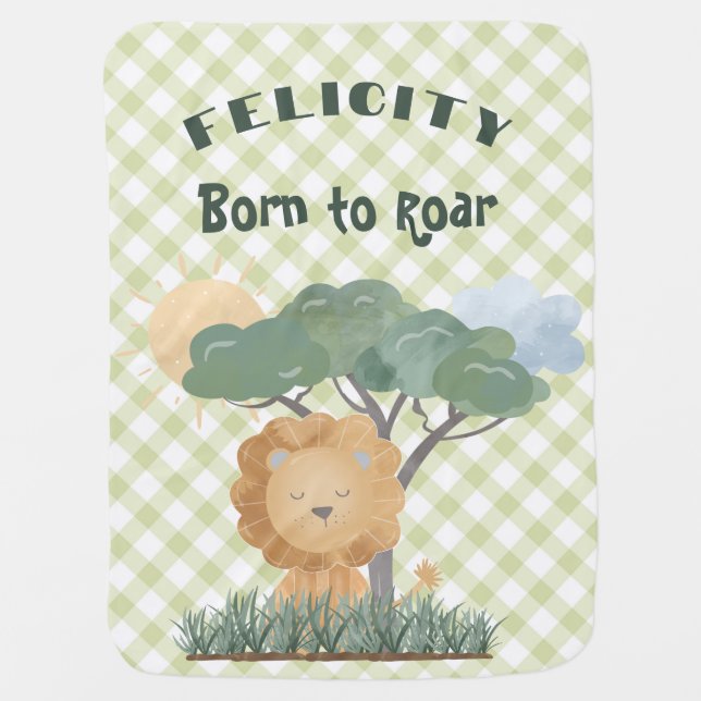 Reversible Green Gingham Name Boho Lion Milestone Baby Blanket (Front)