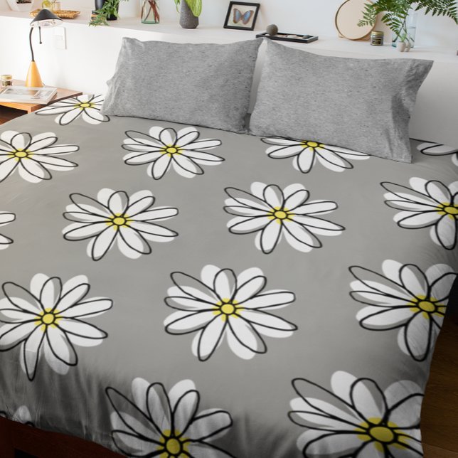 Reversible Grey Doodle Daisy Flower Floral Duvet Cover (Creator Uploaded)