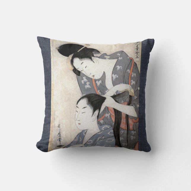 Reversible Japanese Art Kitagawa Utamaro Throw Pillow (Front)