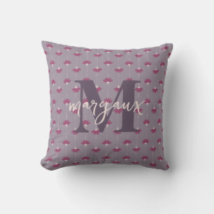 Reversible Lilac Boho Floral Personalized Monogram Throw Pillow